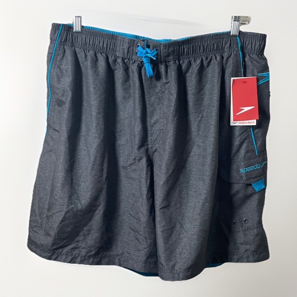 Men's Speedo Swim Trunks New Size 2XL Gray Heather Blue Mesh Lining 38"x9"